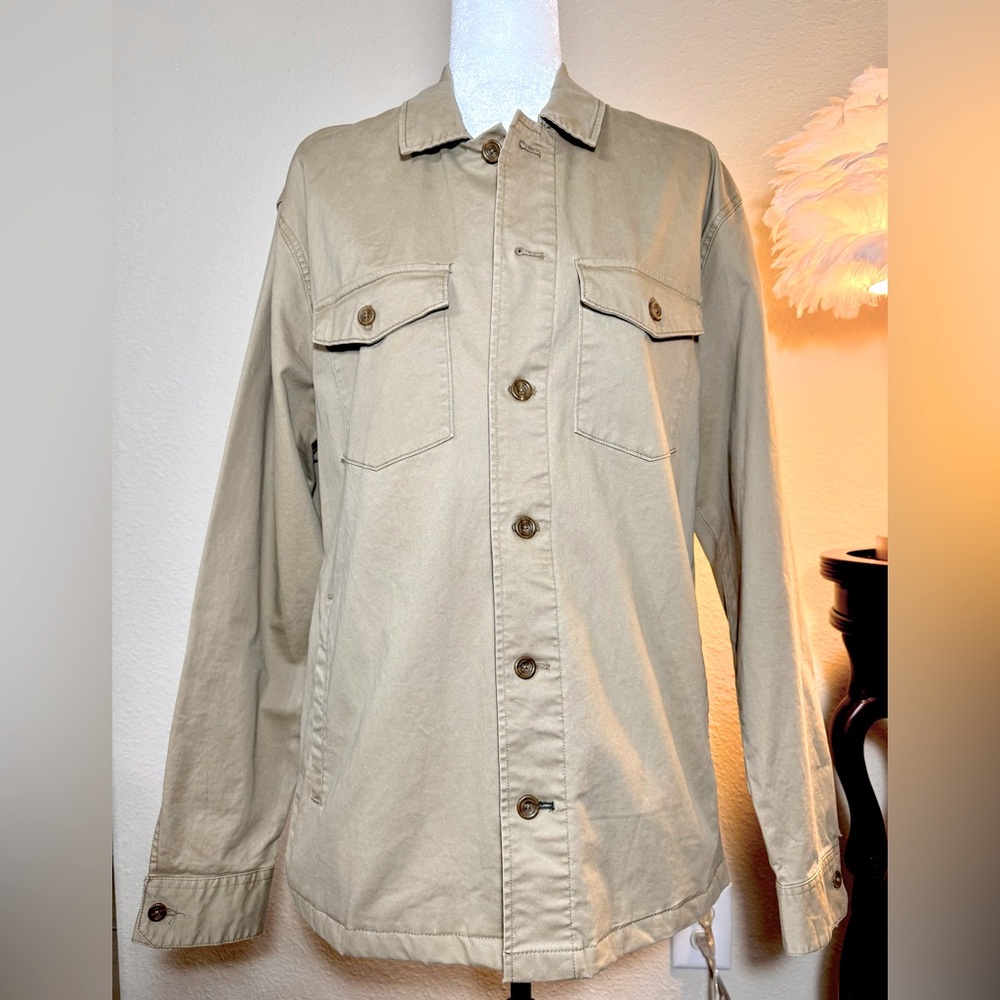 Relaxed  Fit Khaki Front Button Shirt Jacket Long Sleeve Twill Men's Shirt